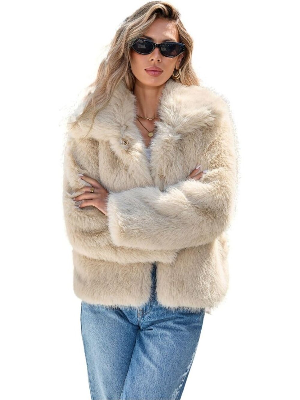 Cozy Faux Fox Fur Jacket with Wide Notch Lapel | Fluffy Winter Coat for Women